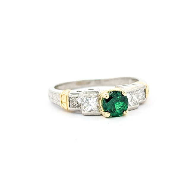 Ring Milgrain .75ctw Princess Diamonds .52ct Emerald 18kt & Platinum sz7.5 4.8mm 124060213