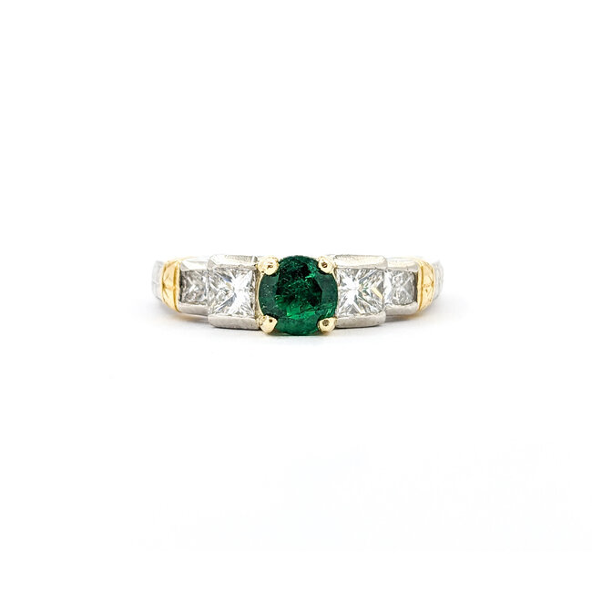 Ring Milgrain .75ctw Princess Diamonds .52ct Emerald 18kt & Platinum sz7.5 4.8mm 124060213