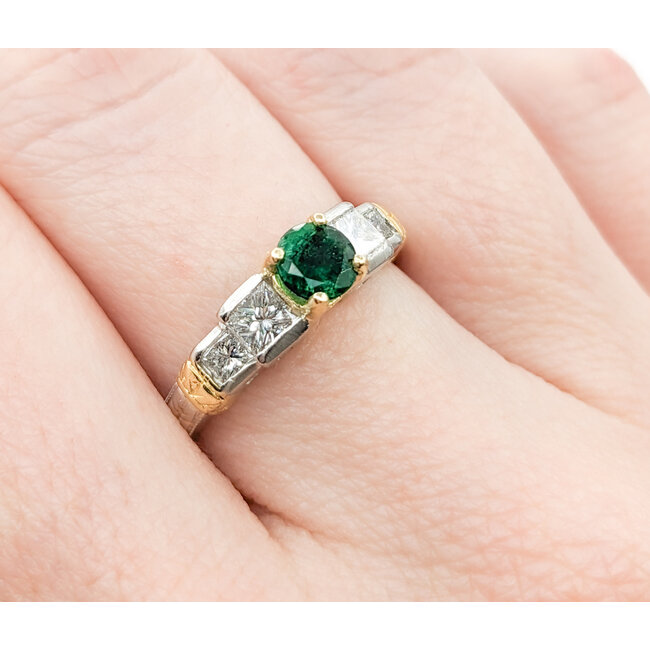 Ring Milgrain .75ctw Princess Diamonds .52ct Emerald 18kt & Platinum sz7.5 4.8mm 124060213
