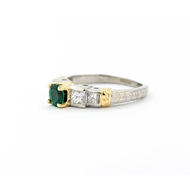 Ring Milgrain .75ctw Princess Diamonds .52ct Emerald 18kt & Platinum sz7.5 4.8mm 124060213