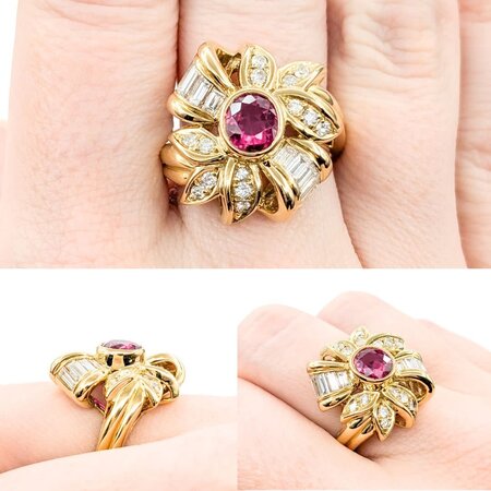 Ring Ribbon .92ctw Round/Baguette Diamonds 1.26ct Ruby 18ky sz6.5 224060175