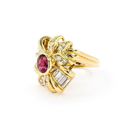 Ring Ribbon .92ctw Round/Baguette Diamonds 1.26ct Ruby 18ky sz6.5 224060175