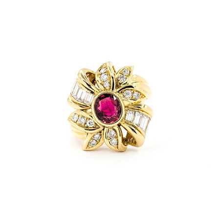 Ring Ribbon .92ctw Round/Baguette Diamonds 1.26ct Ruby 18ky sz6.5 224060175