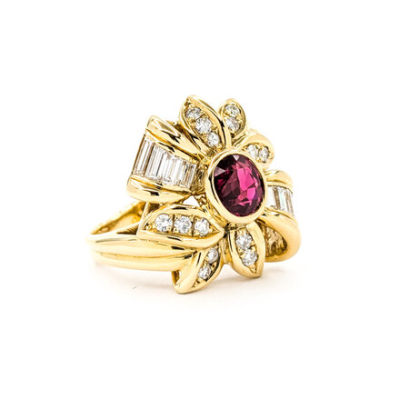 Ring Ribbon .92ctw Round/Baguette Diamonds 1.26ct Ruby 18ky sz6.5 224060175