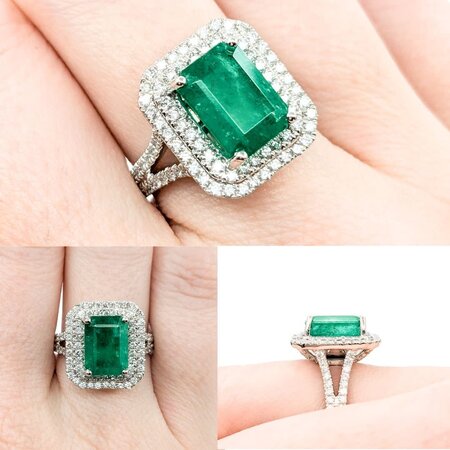 Ring Double Halo 1.10ctw Round Diamonds 3.64ct Emerald Platinum sz7 224060191