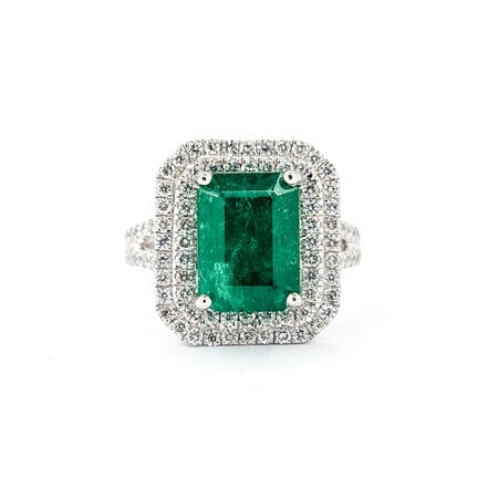 Ring Double Halo 1.10ctw Round Diamonds 3.64ct Emerald Platinum sz7 224060191