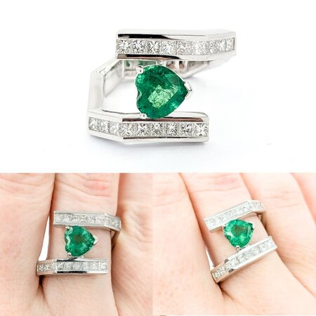 Ring Geometric Shank .90ctw Princess Diamonds 1.29ct Emerald Platinum sz6.5 224060186