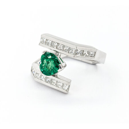 Ring Geometric Shank .90ctw Princess Diamonds 1.29ct Emerald Platinum sz6.5 224060186