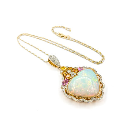 Pendant W/Chain 1.20ctw Round Diamonds 13.58ct Opal 2.28ctw Sapphires 51x30mm 14ky 18" 224061256