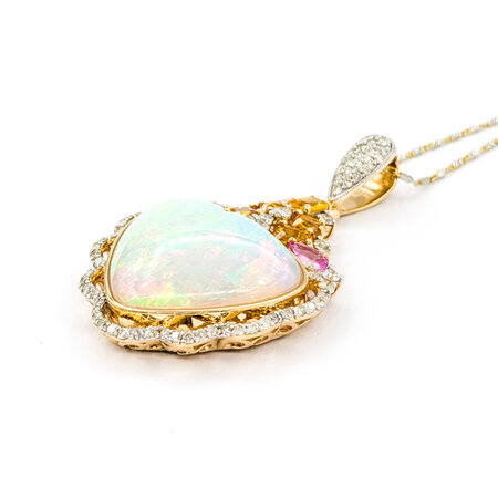 Pendant W/Chain 1.20ctw Round Diamonds 13.58ct Opal 2.28ctw Sapphires 51x30mm 14ky 18" 224061256