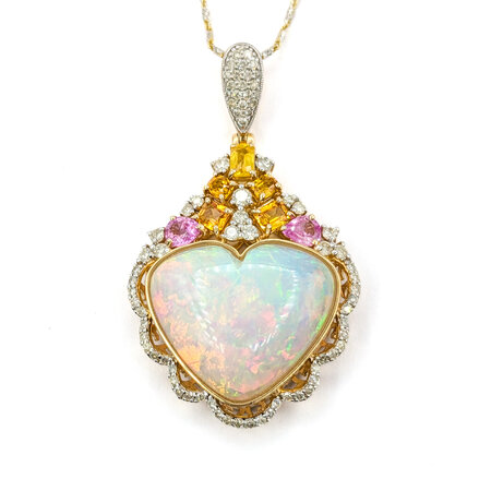 Pendant W/Chain 1.20ctw Round Diamonds 13.58ct Opal 2.28ctw Sapphires 51x30mm 14ky 18" 224061256