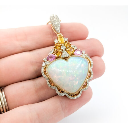 Pendant W/Chain 1.20ctw Round Diamonds 13.58ct Opal 2.28ctw Sapphires 51x30mm 14ky 18" 224061256