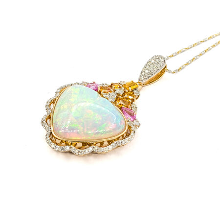 Pendant W/Chain 1.20ctw Round Diamonds 13.58ct Opal 2.28ctw Sapphires 51x30mm 14ky 18" 224061256