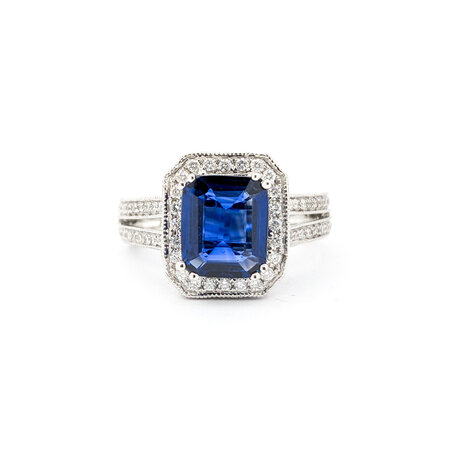 Ring Halo .82ctw Round Diamonds 2.29ct Sapphire 18kw sz6.25 224060170