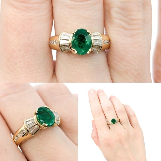 Ring .75ctw Round & Baguette Diamonds 1.17ct Emerald 14ky sz7 6.8mm 124060204