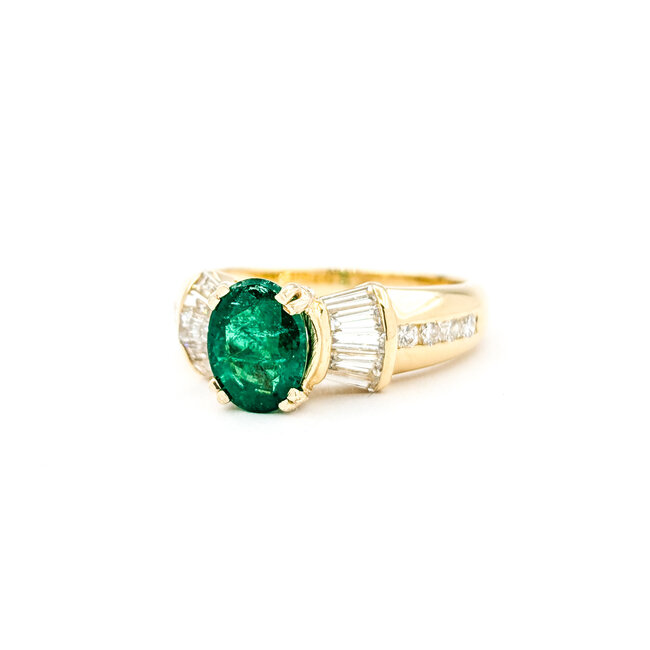 Ring .75ctw Round & Baguette Diamonds 1.17ct Emerald 14ky sz7 6.8mm 124060204