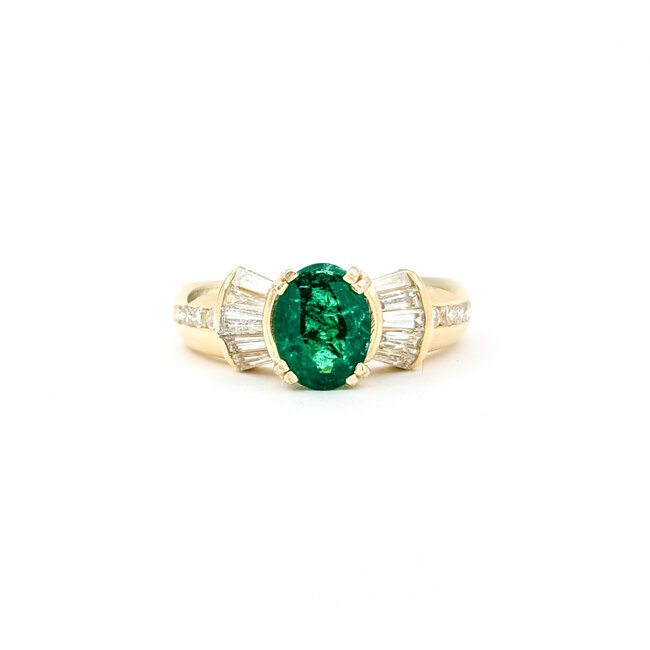 Ring .75ctw Round & Baguette Diamonds 1.17ct Emerald 14ky sz7 6.8mm 124060204