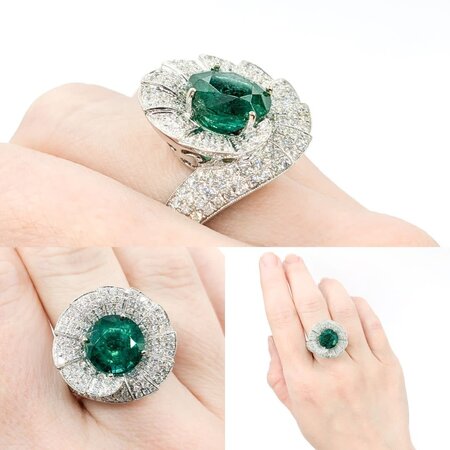 Ring Fan Swirl 1.56ctw Round Diamonds 4.43ct Emerald 18kw sz6.5 224060180