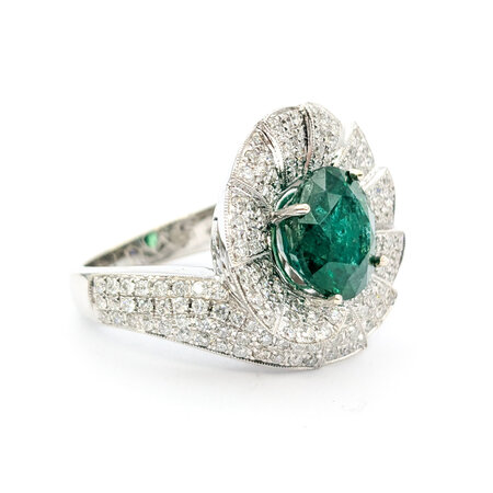 Ring Fan Swirl 1.56ctw Round Diamonds 4.43ct Emerald 18kw sz6.5 224060180