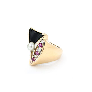 Ring Onyx .08ctw Round Diamonds .10ctw Sapphires 4.5mm Akoya Pearl14ky sz8.5 224060197
