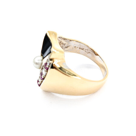 Ring Onyx .08ctw Round Diamonds .10ctw Sapphires 4.5mm Akoya Pearl 14ky sz8.5 224060197