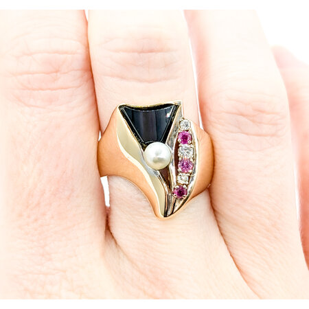 Ring Onyx .08ctw Round Diamonds .10ctw Sapphires 4.5mm Akoya Pearl 14ky sz8.5 224060197