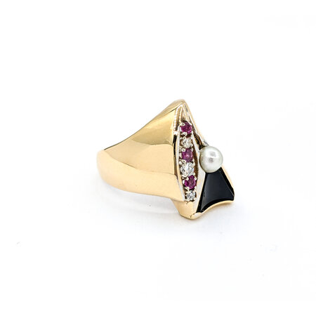 Ring Onyx .08ctw Round Diamonds .10ctw Sapphires 4.5mm Akoya Pearl 14ky sz8.5 224060197