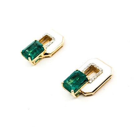 Earrings .16ctw Round Diamonds Friction Back 3.76ctw Emeralds White Enamel 17x11.5mm Platinum 224064163