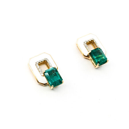 Earrings .16ctw Round Diamonds Friction Back 3.76ctw Emeralds White Enamel 17x11.5mm Platinum 224064163