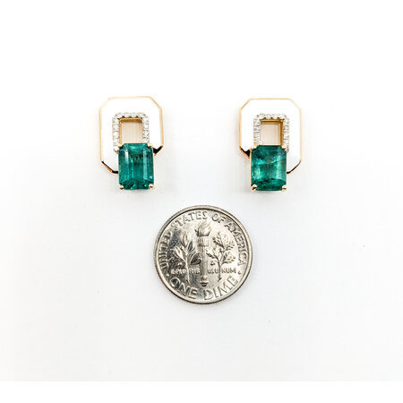 Earrings .16ctw Round Diamonds Friction Back 3.76ctw Emeralds White Enamel 17x11.5mm Platinum 224064163