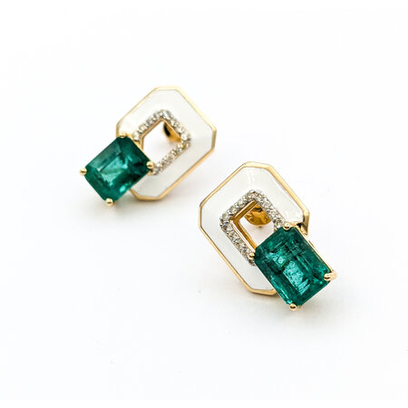 Earrings .16ctw Round Diamonds Friction Back 3.76ctw Emeralds White Enamel 17x11.5mm Platinum 224064163