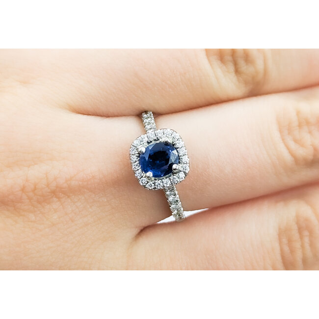 Ring Halo .50ctw Round Diamonds 1.00ct Sapphire 14kw sz7 9.5x9.5 124060175