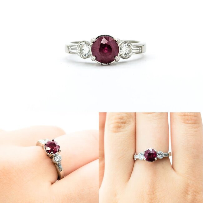 Ring .64ctw Round & Baguette Diamonds 1.27ct Ruby 950pt sz7 2.6mm 124060197