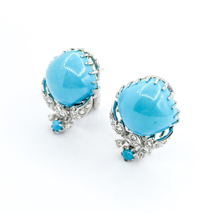 Earrings .33ctw Rose Cut Diamonds Omega Back Clip Convertible 10mm Turquoise 22.5x16mm 18kw 224074151