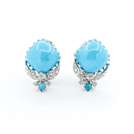 Earrings .33ctw Rose Cut Diamonds Omega Back Clip Convertible 10mm Turquoise 22.5x16mm 18kw 224074151