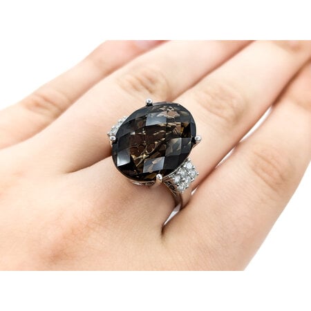 Ring .24ctw Round Diamonds 17ct Smokey Quartz 14kw sz7 224080155