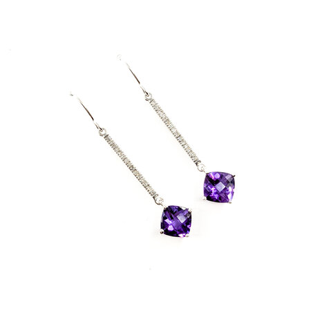 Earrings Dangle .10ctw Round Diamonds French Wire 2.80ctw Amethyst 45x9.5mm 14kw 224084155