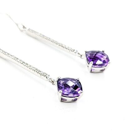 Earrings Dangle .10ctw Round Diamonds French Wire 2.80ctw Amethyst 45x9.5mm 14kw 224084155