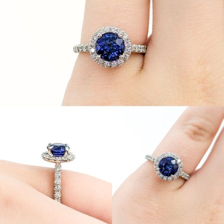 Ring Halo Gabriel & Co. .34ctw Round Diamonds 1.50ct Sapphire 14kw sz3.5 224080157