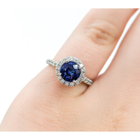 Ring Halo Gabriel & Co. .34ctw Round Diamonds 1.50ct Sapphire 14kw sz3.5 224080157