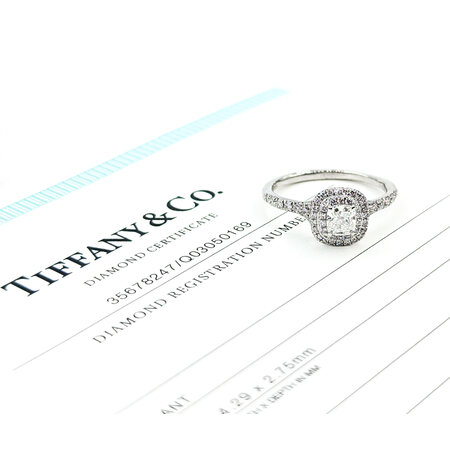 Ring Tiffany Soleste Engagement Double Halo .46ct Cushion Diamond .35ctw Diamonds Platinum sz7.5 224090302