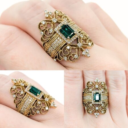 Ring Effy Milgrain .40ctw Round Diamonds 1.0ct Emerald 14ky sz7 224090153