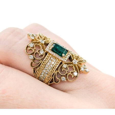 Ring Effy Milgrain .40ctw Round Diamonds 1.0ct Emerald 14ky sz7 224090153