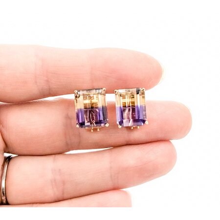 Earrings 11.80ctw Emerald Cut Ametrine Omega Back 12x10mm 14ky 224094152