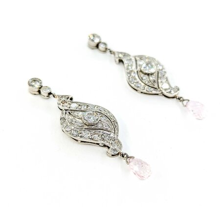 Earrings 2.25ctw Euro & Single Cut Diamonds Shield Dangle .80ctw Briolette Pink Sapphire 1.6x.55" 900pt 124064452