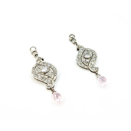 Earrings 2.25ctw Euro & Single Cut Diamonds Shield Dangle .80ctw Briolette Pink Sapphire 1.6x.55" 900pt 124064452