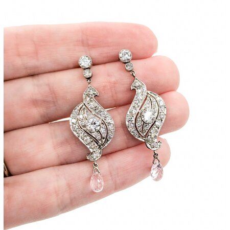 Earrings 2.25ctw Euro & Single Cut Diamonds Shield Dangle .80ctw Briolette Pink Sapphire 1.6x.55" 900pt 124064452