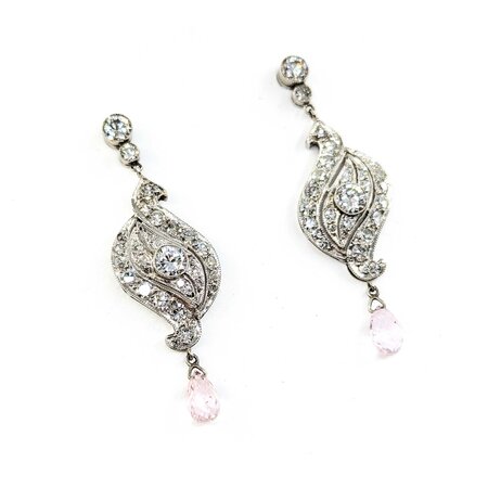 Earrings 2.25ctw Euro & Single Cut Diamonds Shield Dangle .80ctw Briolette Pink Sapphire 1.6x.55" 900pt 124064452