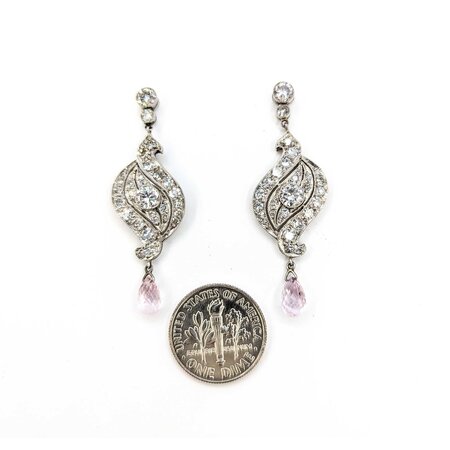 Earrings 2.25ctw Euro & Single Cut Diamonds Shield Dangle .80ctw Briolette Pink Sapphire 1.6x.55" 900pt 124064452
