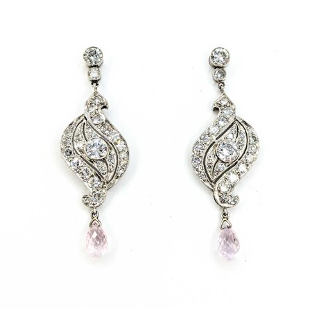 Earrings 2.25ctw Euro & Single Cut Diamonds Shield Dangle .80ctw Briolette Pink Sapphire 1.6x.55" 900pt 124064452